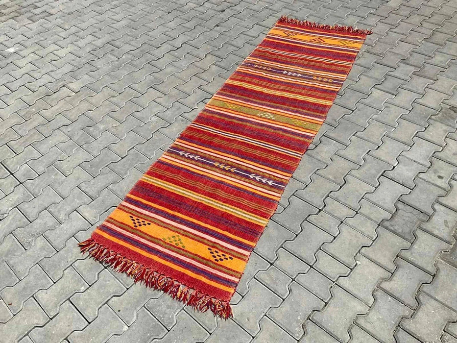 Vintage turkkilainen Kilim juoksumatto 249cm x 76cm