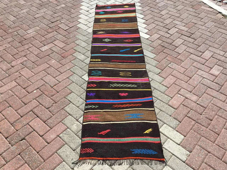 Vintage turkkilainen Kilim juoksumatto 272cm x 65cm #299