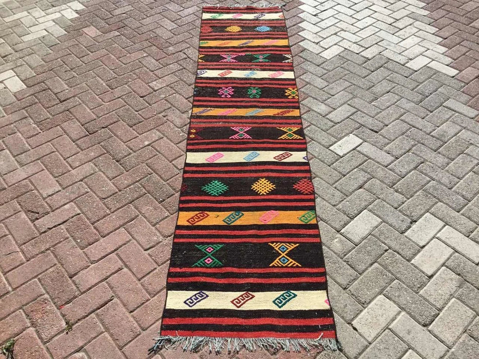 Vintage turkkilainen Kilim juoksumatto 280cm x 65cm #313