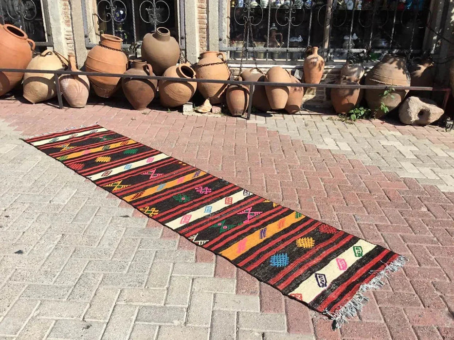 Vintage turkkilainen Kilim juoksumatto 280cm x 65cm #313