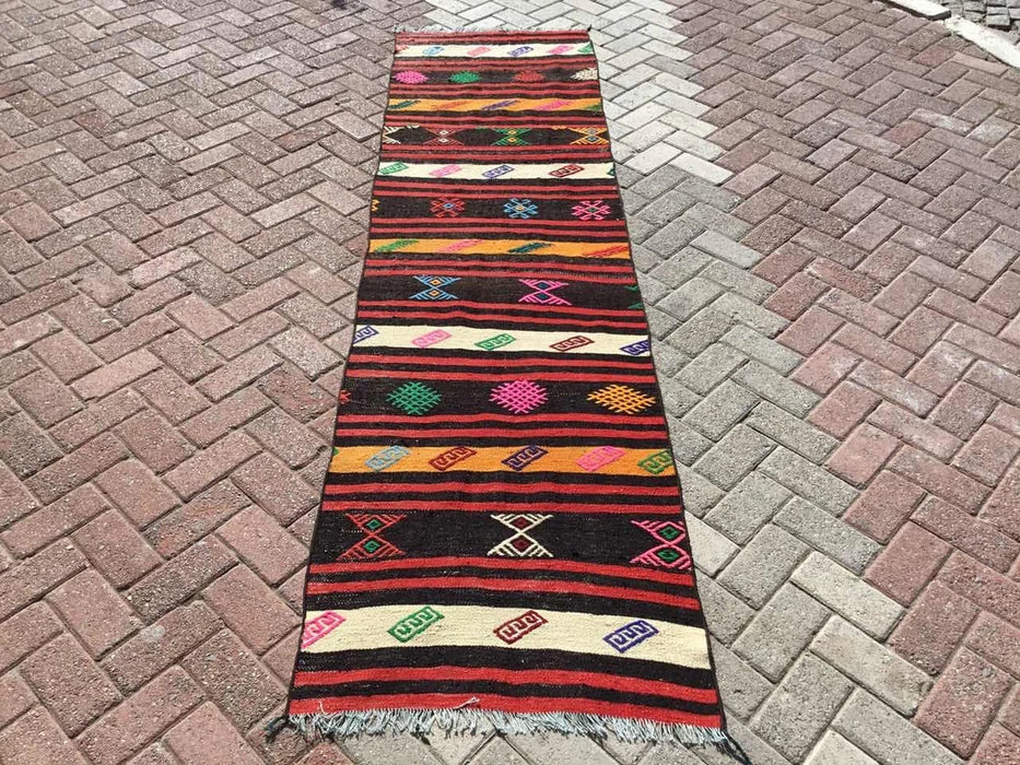 Vintage turkkilainen Kilim juoksumatto 281cm x 94cm #311