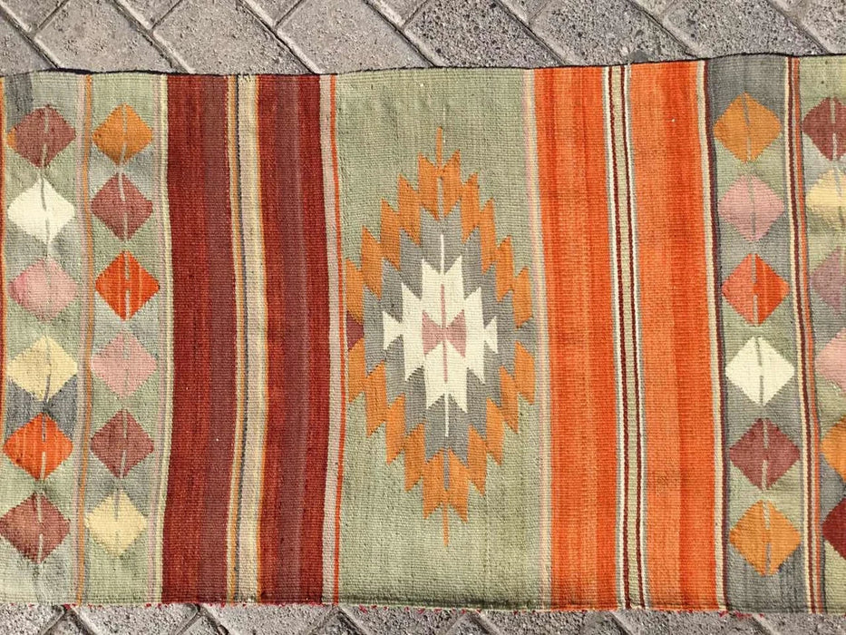 Vintage turkkilainen Kilim juoksumatto 292cm x 58cm #306