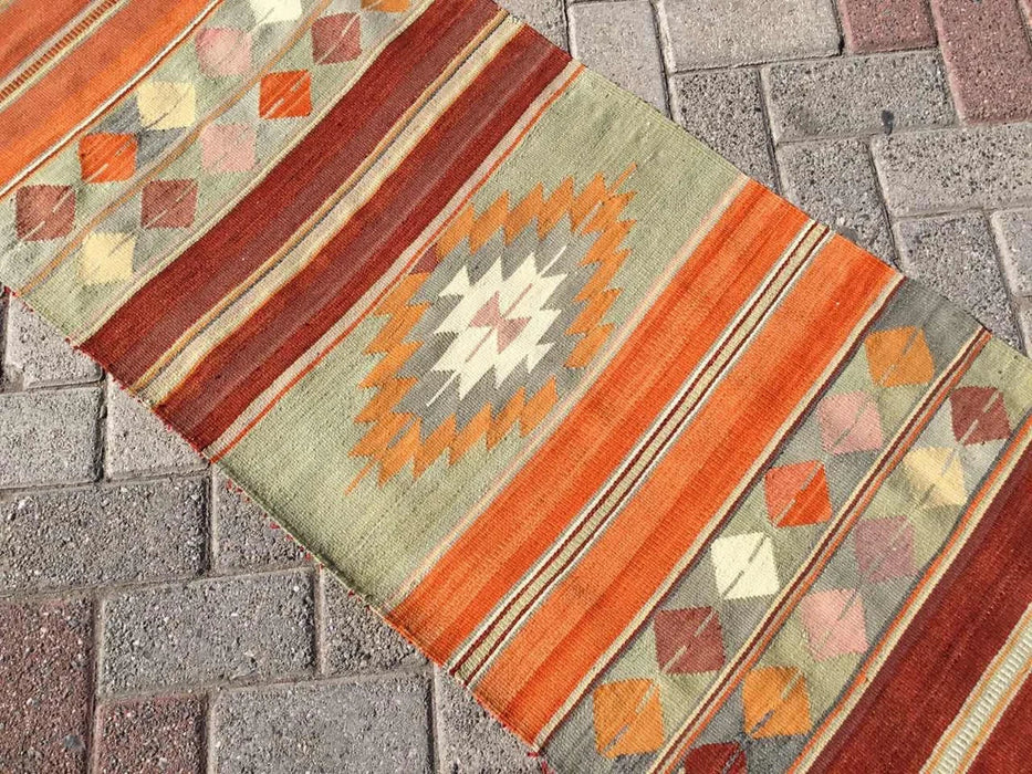 Vintage turkkilainen Kilim juoksumatto 292cm x 58cm #306