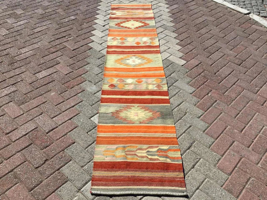 Vintage turkkilainen Kilim juoksumatto 292cm x 58cm #306