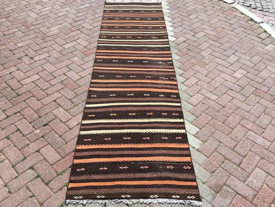 Vintage turkkilainen Kilim juoksumatto 336cm x 92cm