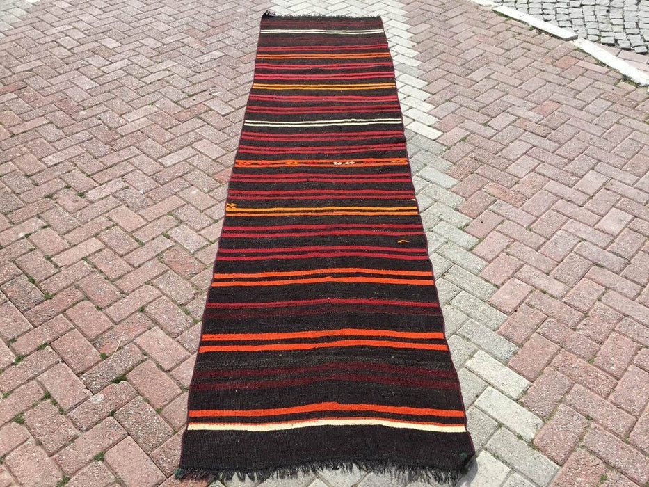 Vintage turkkilainen Kilim juoksumatto 350cm x 87cm #258