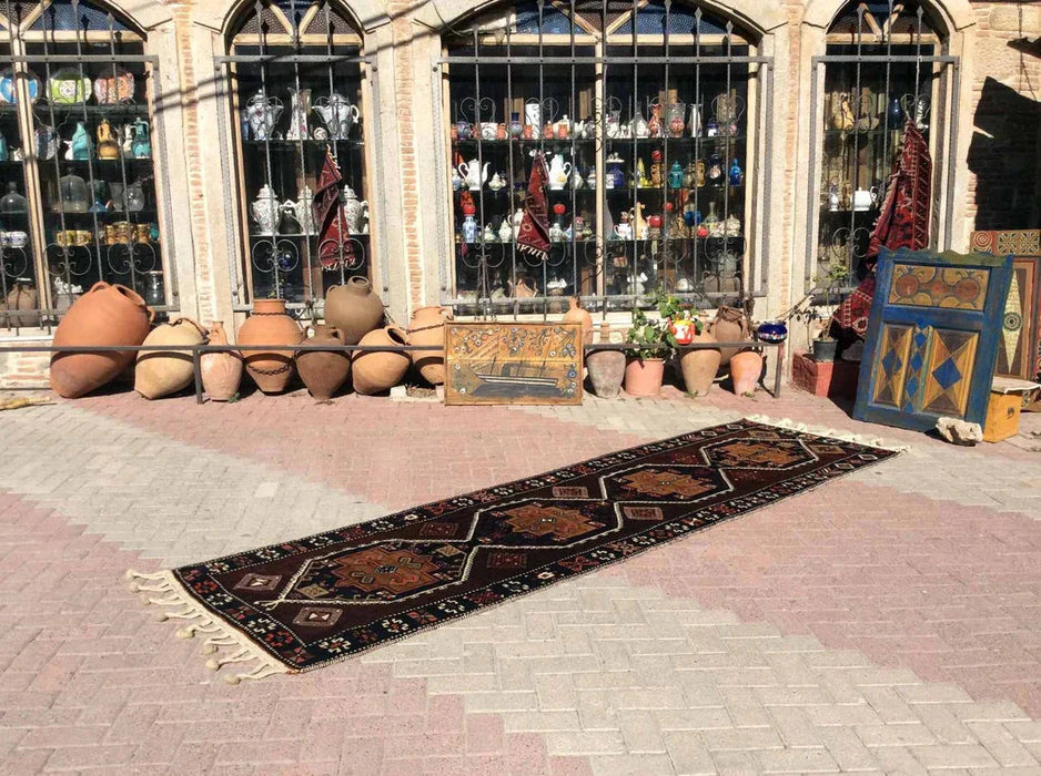 Vintage turkkilainen Kilim juoksumatto 372cm x 106cm