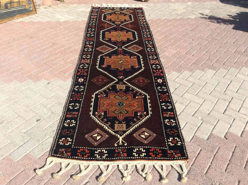 Vintage turkkilainen Kilim juoksumatto 372cm x 106cm