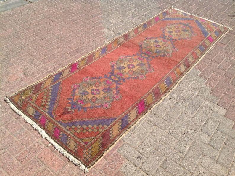 Vintage Turkish Wool Runner Rug 302cm x 101cm Geometric Design