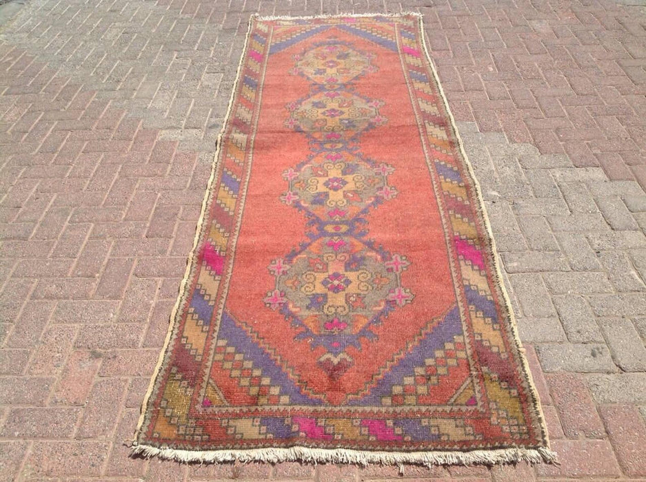 Vintage Turkish Wool Runner Rug 302cm x 101cm Geometric Design