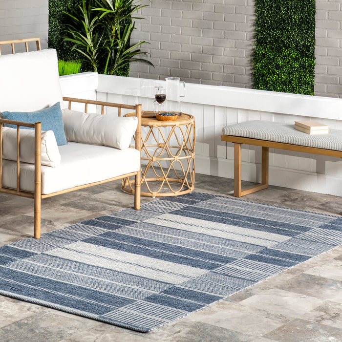 Violetta Blue Indoor Outdoor Recycled Fiber Blocks Rug