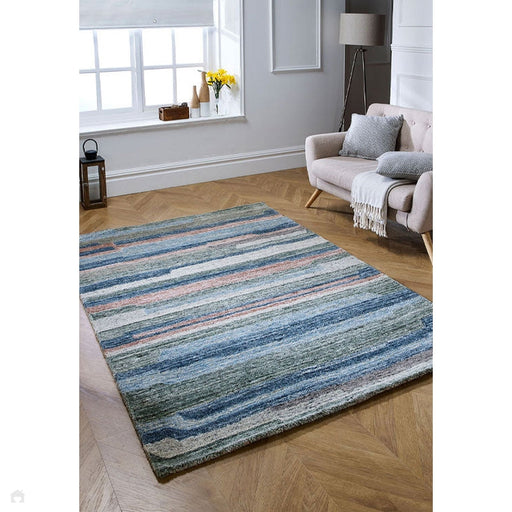 Vista Modern Plain Abstract Stripe Hand-Woven Ribbed Textured Wool Blue/Green/Rust/Multicolour Rug