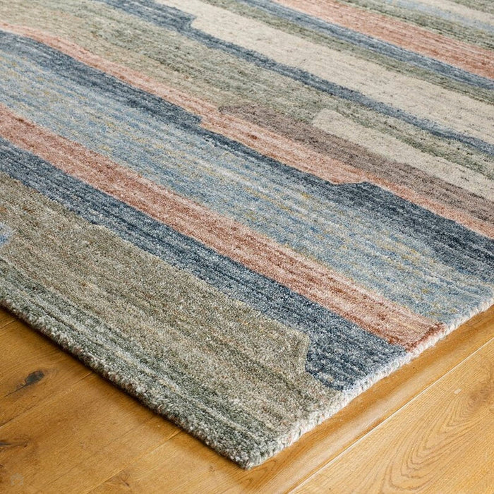 Vista Modern Plain Abstract Stripe Hand-Woven Ribbed Textured Wool Blue/Green/Rust/Multicolour Rug