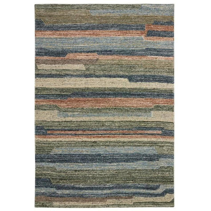 Vista Modern Plain Abstract Stripe Hand-Woven Ribbed Textured Wool Blue/Green/Rust/Multicolour Rug