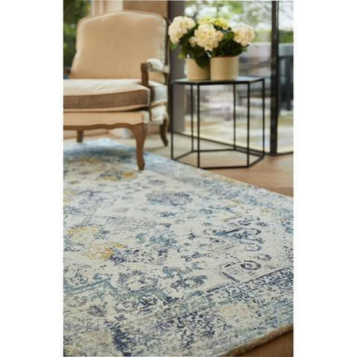 Vogue Traditional Persian Vintage Distressed Soft-Touch Hand-Knitted Ribbed Textured Polyester Blue/Ochre/Ivory/Teal/Grey Rug