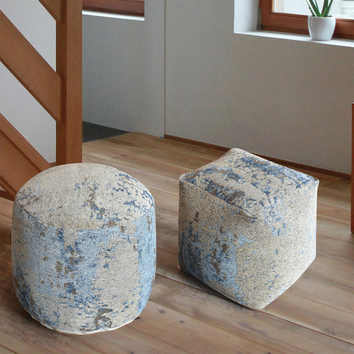 Volans Pouf in Beige Blue Cotton Chenille with Damask Pattern