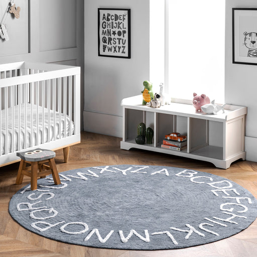 Washable Alphabet Area Rug for Nursery in Blue Grey