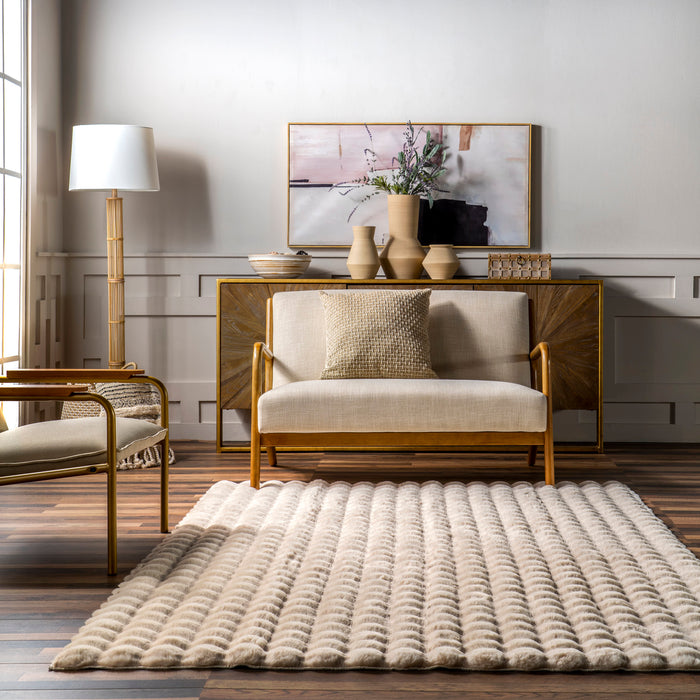 Washable Beige Checkered Plush Cloud Area Rug