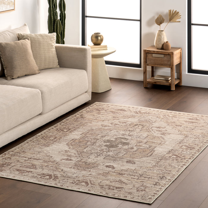 Washable Beige Medallion Area Rug 70x100 cm