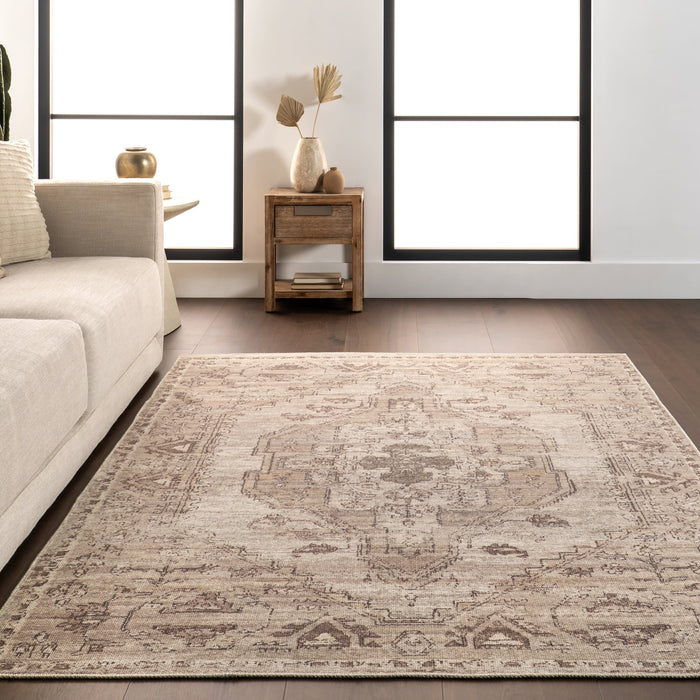 Washable Beige Medallion Area Rug 70x100 cm