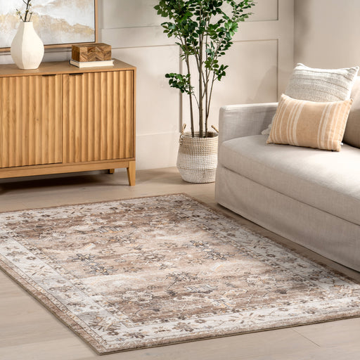 Washable Beige Vintage Floral Medallion Area Rug