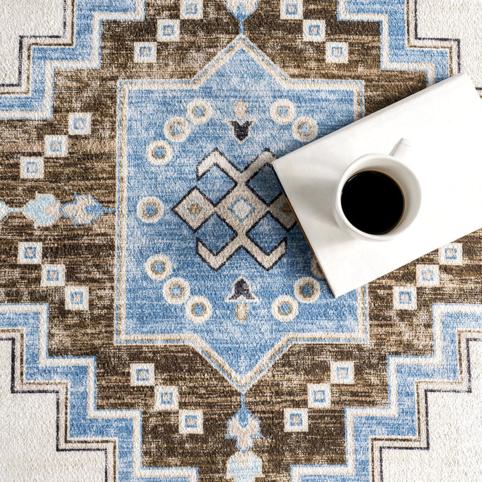 Washable Blue Clovebud Geometric Area Rug 152x244 cm