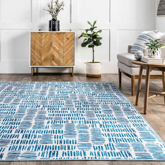 Washable Blue Crosshatch Area Rug 120x180 cm