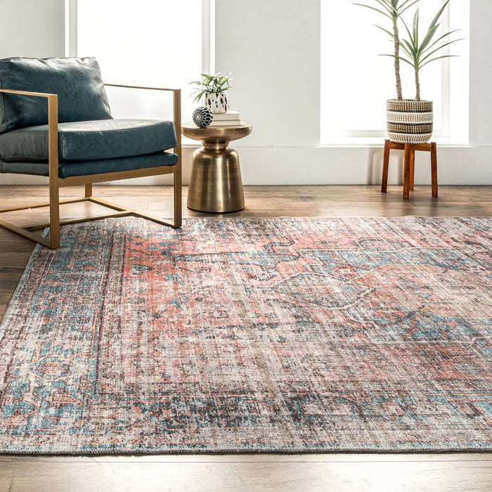 Washable Blue Distressed Rug for Busy Homes