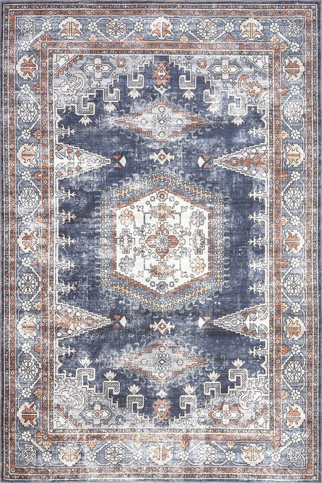 Washable Blue Medallion Area Rug for Busy Homes