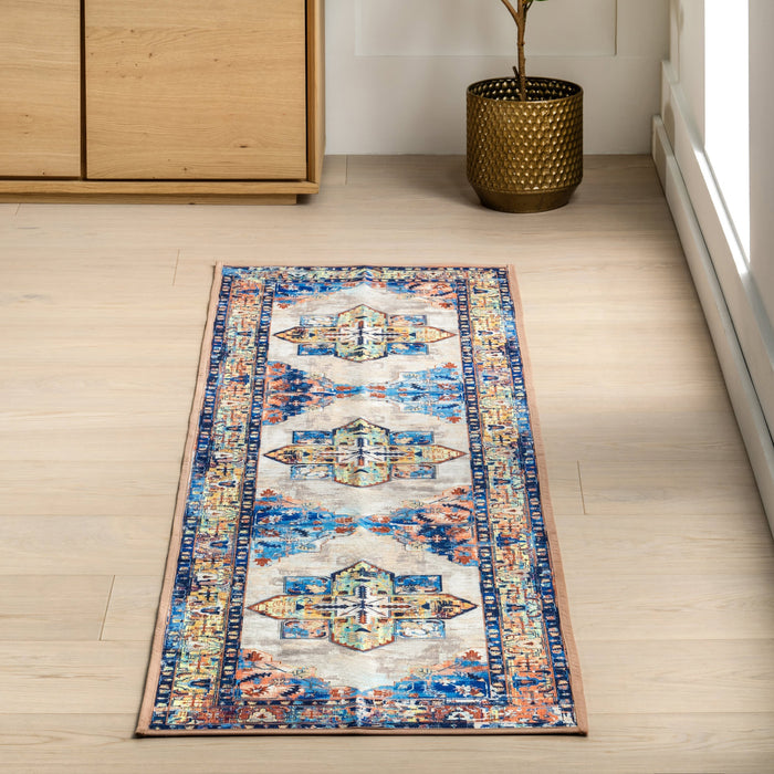 Washable Blue Medallion Area Rug for Busy Homes