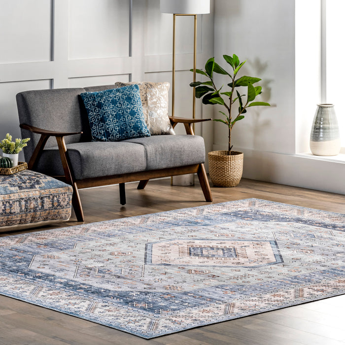 Washable Blue Medallion Area Rug for High Traffic Homes