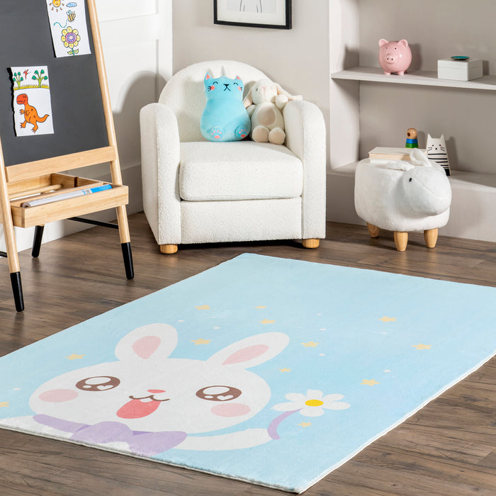 Washable Blue Rabbit Area Rug for Kids Nursery