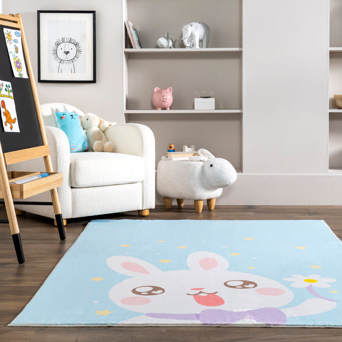 Washable Blue Rabbit Area Rug for Kids Nursery