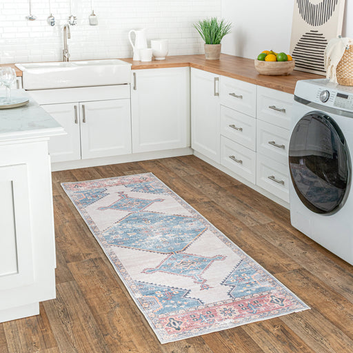 Washable Blue Vintage Rug For Busy Homes