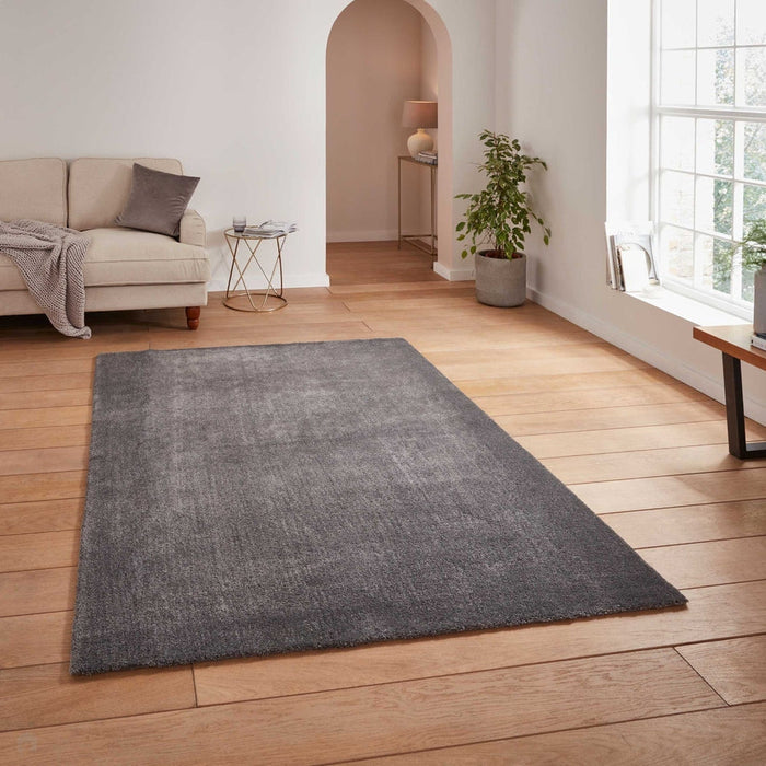 Washable Cove Sleek Low Pile Texture Soft Plain Polyproplene Shaggy Charcoal Rug