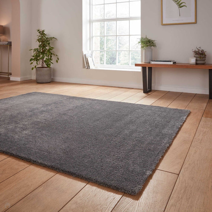 Washable Cove Sleek Low Pile Texture Soft Plain Polyproplene Shaggy Charcoal Rug