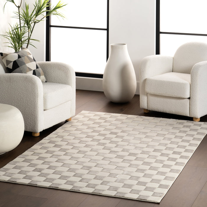 Washable Cream Geometric Rug Crafted From Recycled PET Yarn