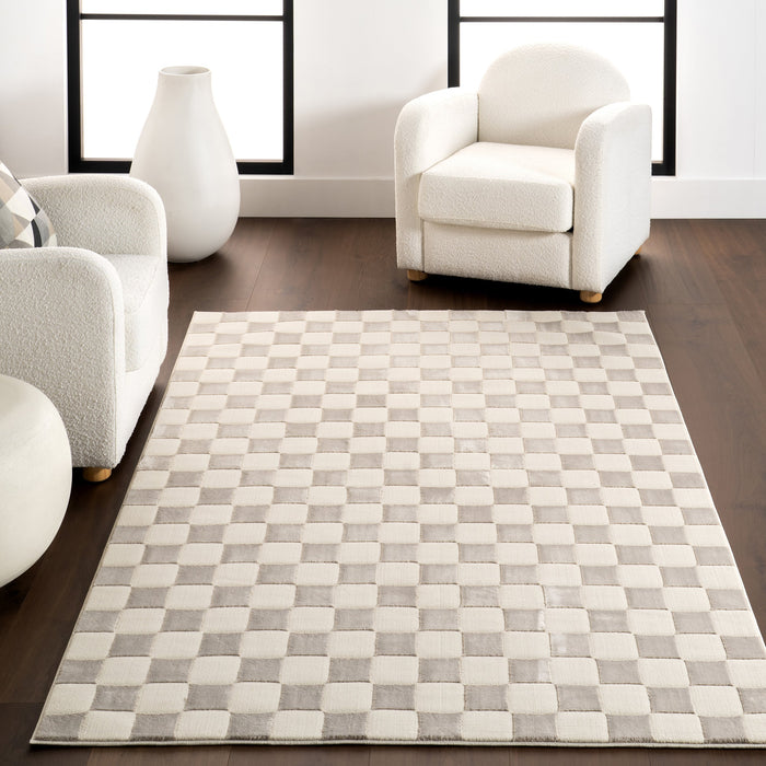 Washable Cream Geometric Rug Crafted From Recycled PET Yarn