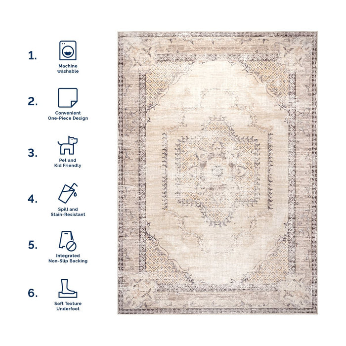 Washable Cream Medallion Area Rug for High Traffic Spaces