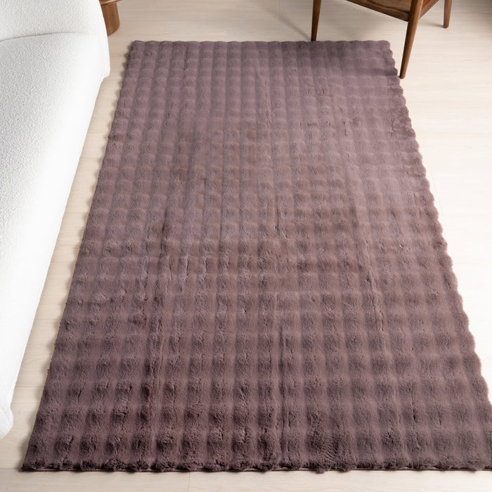 Washable Dark Brown Checkered Plush Cloud Rug 140x200 cm