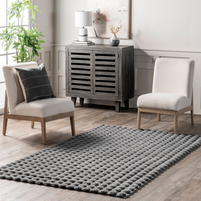 Washable Dark Grey Checkered Plush Cloud Area Rug