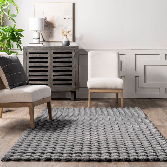 Washable Dark Grey Checkered Plush Cloud Area Rug