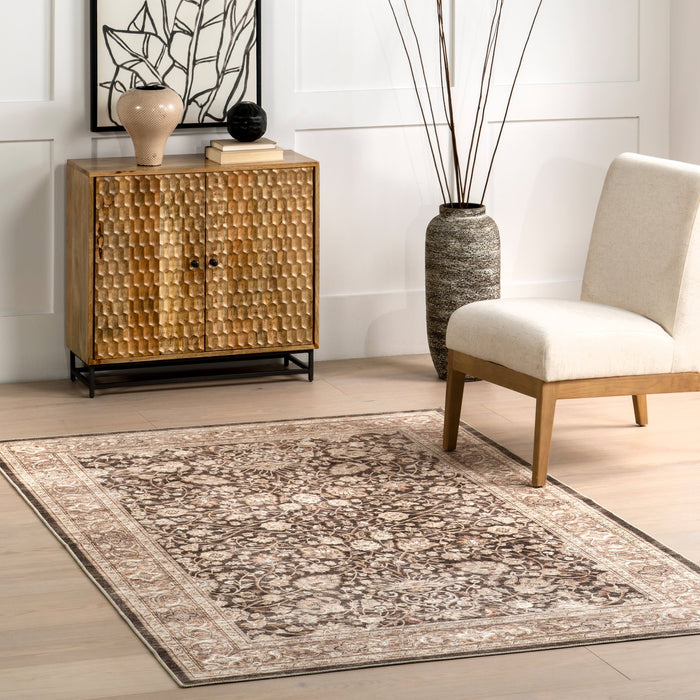 Washable Floral Area Rug 80cm Dark Brown