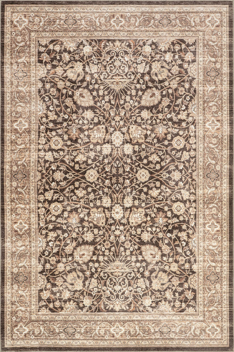 Washable Floral Area Rug 80cm Dark Brown