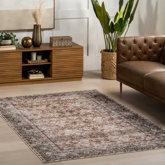 Washable Floral Rug for High-Traffic Areas in Brown