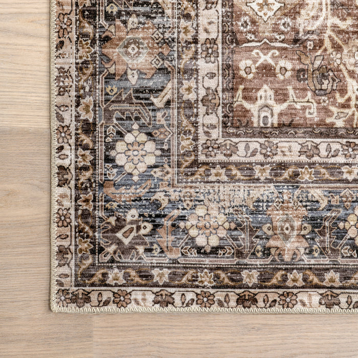 Washable Floral Rug for High-Traffic Areas in Brown