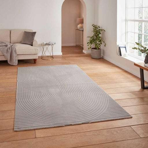 Washable Flores 1924 Modern Super-Soft Spiral Textured Polyester Pile Grey/Light Grey Rug