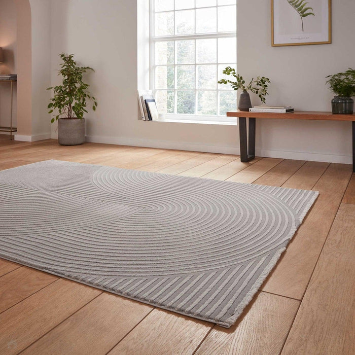 Washable Flores 1924 Modern Super-Soft Spiral Textured Polyester Pile Grey/Light Grey Rug