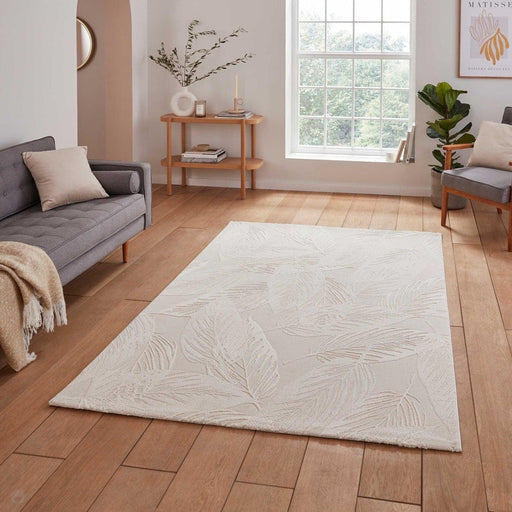 Washable Flores 1925 Modern Super-Soft Floral Leaves Verdant Textured Eco-Friendly Recycled Polyester Pile Cream/Ivory Rug