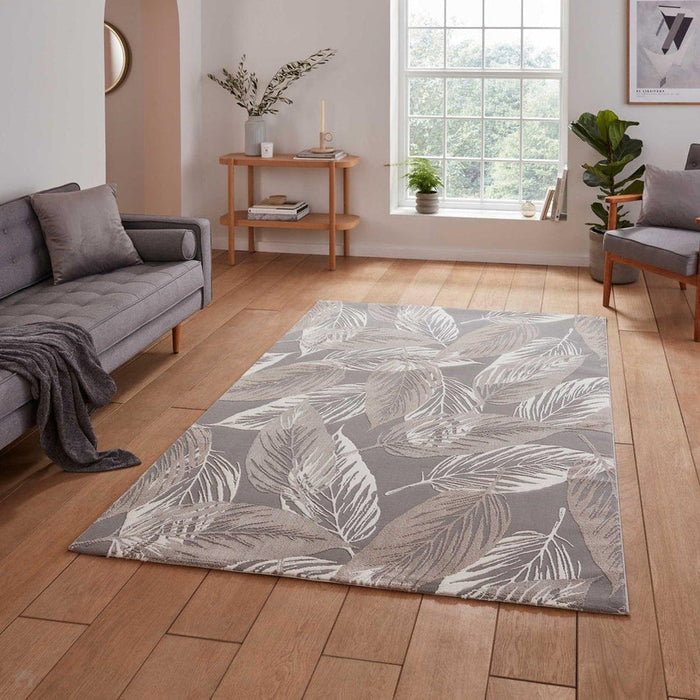 Washable Flores 1925 Modern Super-Soft Floral Leaves Verdant Textured Eco-Friendly Recycled Polyester Pile Grey/Cream/Beige Rug